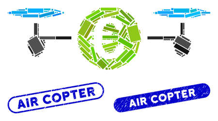 Mosaic drone payment and corroded stamp seals with Air Copter text. Mosaic vector drone payment is designed with scattered rectangles. Air Copter stamp seals use blue color,のイラスト素材