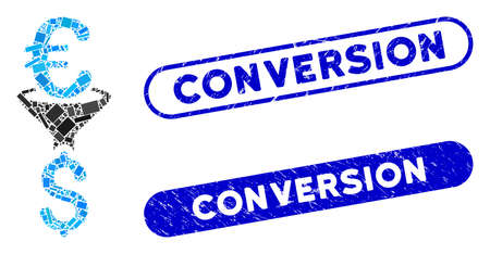 Mosaic Euro Dollar conversion filter and rubber stamp seals with Conversion caption. Mosaic vector Euro Dollar conversion filter is composed with scattered rectangle items.のイラスト素材