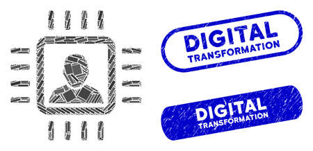 Mosaic neuro processor and rubber stamp seals with Digital Transformation text. Mosaic vector neuro processor is created with randomized rectangle items.のイラスト素材