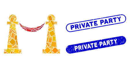 Mosaic private party stanchions and distressed stamp seals with Private Party phrase. Mosaic vector private party stanchions is formed with randomized rectangle items.のイラスト素材