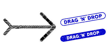 Mosaic right direction and corroded stamp watermarks with Drag N Drop text. Mosaic vector right direction is created with random rectangle items. Drag N Drop stamp seals use blue color,のイラスト素材