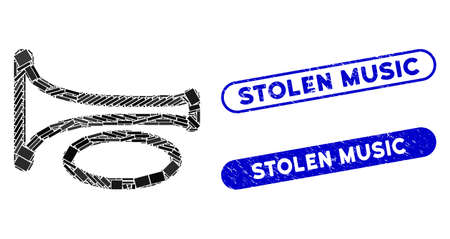 Mosaic trombone and grunge stamp seals with Stolen Music caption. Mosaic vector trombone is designed with random rectangle items. Stolen Music stamp seals use blue color,のイラスト素材