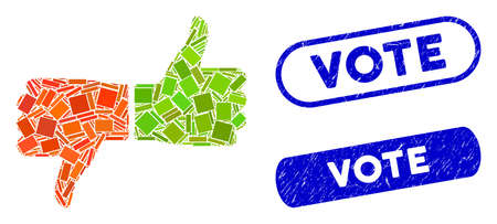 Mosaic vote thumbs and corroded stamp seals with Vote text. Mosaic vector vote thumbs is formed with...