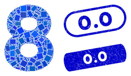 Mosaic 8 digit and rubber stamp watermarks with 0.0 text. Mosaic vector 8 digit is composed with scattered rectangle items. 0.0 stamp seals use blue color, and have round rectangle shape.のイラスト素材