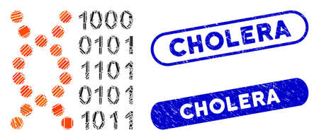 Collage DNA code and rubber stamp seals with Cholera caption. Mosaic vector DNA code is formed with scattered rectangle items. Cholera stamp seals use blue color, and have round rectangle shape.のイラスト素材