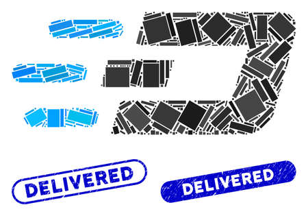 Mosaic fast send Dash and rubber stamp seals with Delivered text. Mosaic vector fast send Dash is created with random rectangles. Delivered stamp seals use blue color, and have round rectangle shape.のイラスト素材