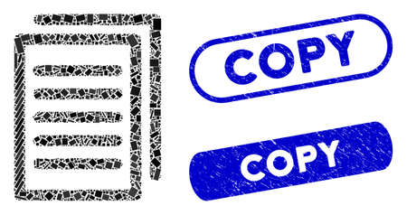 Mosaic copy and grunge stamp seals with Copy phrase. Mosaic vector copy is composed with randomized rectangle items. Copy seals use blue color, and have round rectangle shape.のイラスト素材