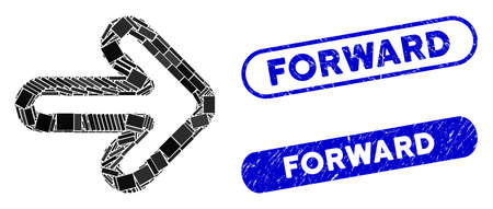 Mosaic right arrow and grunge stamp seals with Forward phrase. Mosaic vector right arrow is composed with random rectangles. Forward stamp seals use blue color, and have round rectangle shape.のイラスト素材