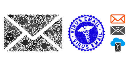 Infectious collage mail envelope icon and round rubber stamp seal with Virus Email caption and serpents icon. Mosaic vector is created with mail envelope icon and with scattered contagion symbols.のイラスト素材