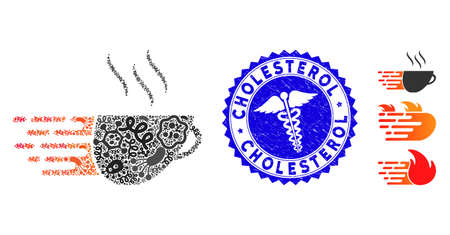 Biohazard collage express coffee icon and round grunge stamp seal with Cholesterol text and medical icon.のイラスト素材
