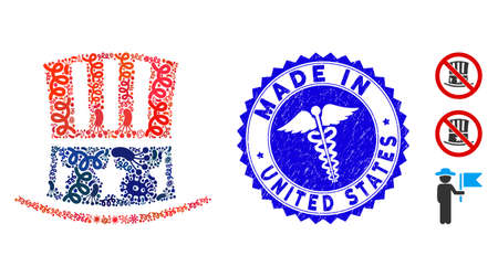 Infected collage Uncle Sam hat icon and rounded corroded stamp seal with Made in United States phrase and medic icon.のイラスト素材