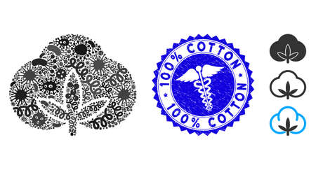 Viral mosaic cotton icon and round corroded stamp watermark with 100% Cotton caption and doctor icon.のイラスト素材