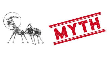 Infectious mosaic creature skafandr icon and red Myth seal stamp between double parallel lines. Mosaic vector is created with creature skafandr icon and with random infectious elements.のイラスト素材