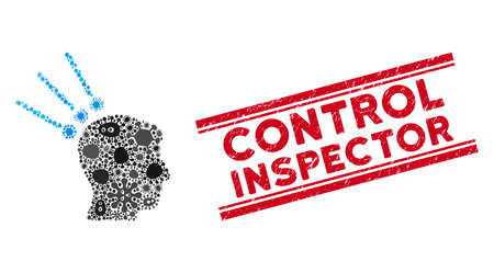 Outbreak collage head test connectors icon and red Control Inspector stamp between double parallel lines. Mosaic vector is composed with head test connectors icon and with random viral icons.のイラスト素材
