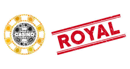 Epidemic mosaic royal casino chip icon and red Royal seal stamp between double parallel lines. Mosaic vector is formed with royal casino chip pictogram and with scattered viral objects.のイラスト素材