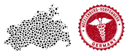 Vector collage Mecklenburg-Vorpommern Land map and red rounded grunge stamp watermark with doctor sign. Mecklenburg-Vorpommern Land map collage formed with oval spots. Red rounded doctor stamp,のイラスト素材