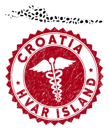 Vector collage Hvar Island map and red rounded grunge stamp seal with medicine symbol. Hvar Island map collage formed with oval items. Red rounded clinic stamp, with grunge texture.のイラスト素材