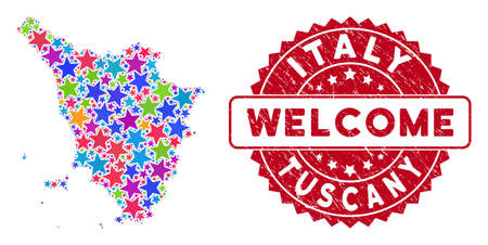 Colorful Tuscany region map collage of stars, and scratched rounded red WELCOME stamp. Abstract geographic scheme in colorful color tones. Vector Tuscany region map is created of colorful stars.のイラスト素材