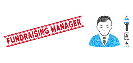 Mosaic manager icon and red Fundraising Manager rubber print between double parallel lines. Flat vector manager mosaic icon of random rotated rectangle elements.のイラスト素材