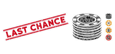 Mosaic casino chip stack icon and red Last Chance seal between double parallel lines. Flat vector casino chip stack mosaic pictogram of scattered rotated rectangle items.のイラスト素材