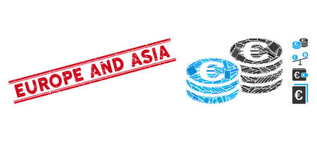 Mosaic Euro coin stacks pictogram and red Europe and Asia seal stamp between double parallel lines. Flat vector Euro coin stacks mosaic pictogram of scattered rotated rectangular elements.のイラスト素材