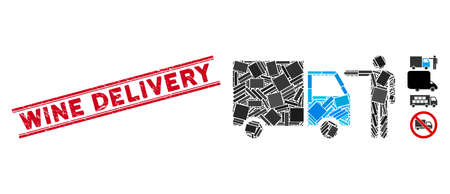 Mosaic truck customer icon and red Wine Delivery seal between double parallel lines. Flat vector truck customer mosaic icon of scattered rotated rectangular items.のイラスト素材