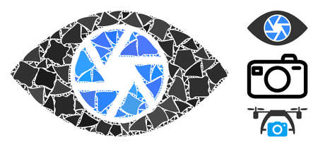 Glossy white mesh shutter eye with glare effect. Abstract illuminated model of shutter eye. Shiny wire frame triangular mesh shutter eye icon on a black background.のイラスト素材