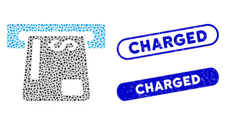 Mosaic payment terminal and grunge stamp watermarks with Charged phrase. Mosaic vector payment terminal is designed with scattered ellipse parts. Charged stamp seals use blue color,のイラスト素材