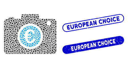 Collage Euro photo and corroded stamp seals with European Choice phrase. Mosaic vector Euro photo is composed with randomized ellipse pieces. European Choice stamp seals use blue color,のイラスト素材