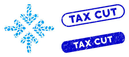 Mosaic quadro collide arrows and rubber stamp seals with Tax Cut caption. Mosaic vector quadro collide arrows is formed with randomized elliptic items. Tax Cut stamp seals use blue color,のイラスト素材