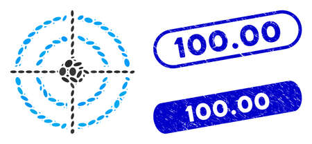 Mosaic target and corroded stamp seals with 100.00 phrase. Mosaic vector target is designed with random elliptic pieces. 100.00 stamp seals use blue color, and have round rectangle shape.のイラスト素材