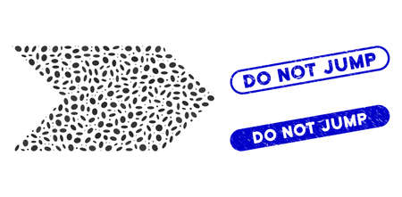 Mosaic direction arrow and grunge stamp seals with Do Not Jump phrase. Mosaic vector direction arrow is composed with scattered oval parts. Do Not Jump stamp seals use blue color,のイラスト素材
