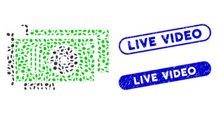 Mosaic video cards and rubber stamp seals with Live Video phrase. Mosaic vector video cards is formed with randomized ellipse items. Live Video stamp seals use blue color,のイラスト素材
