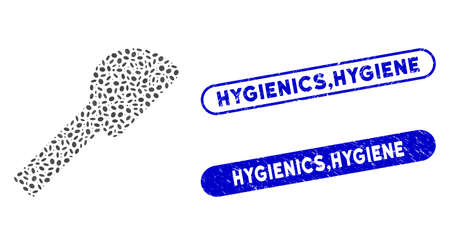 Mosaic shower head and rubber stamp seals with Hygienics,Hygiene text. Mosaic vector shower head is designed with random elliptic items. Hygienics,Hygiene stamp seals use blue color,のイラスト素材