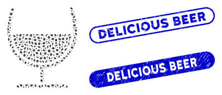 Mosaic syrup glass and grunge stamp seals with Delicious Beer text. Mosaic vector syrup glass is designed with scattered ellipse pieces. Delicious Beer stamp seals use blue color,のイラスト素材