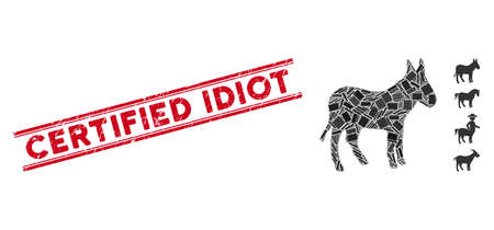 Mosaic donkey pictogram and red Certified Idiot seal stamp between double parallel lines. Flat vector donkey mosaic pictogram of random rotated rectangular items.のイラスト素材