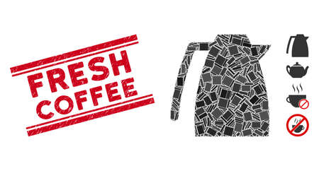 Mosaic coffee pot icon and red Fresh Coffee seal between double parallel lines. Flat vector coffee pot mosaic icon of scattered rotated rectangular items. Red Fresh Coffee seal with scratched texture.のイラスト素材