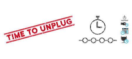 Mosaic marked timeline pictogram and red Time to Unplug seal stamp between double parallel lines. Flat vector marked timeline mosaic pictogram of randomized rotated rectangular items.のイラスト素材