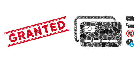 Mosaic banking cards pictogram and red Granted rubber print between double parallel lines. Flat vector banking cards mosaic pictogram of randomized rotated rectangle items.のイラスト素材