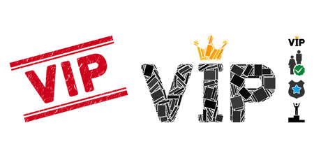 Mosaic VIP icon and red Vip seal stamp between double parallel lines. Flat vector VIP mosaic icon of scattered rotated rectangular elements. Red Vip seal with grunge textures.のイラスト素材