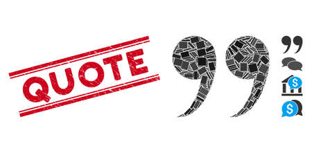 Mosaic quote symbol icon and red Quote seal stamp between double parallel lines. Flat vector quote...