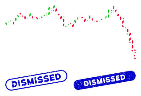 Mosaic candlestick graph falling acceleration and corroded stamp seals with Dismissed text. Mosaic vector candlestick graph falling acceleration is designed with randomized oval dots.