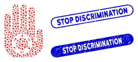 Mosaic stop gambling palm and corroded stamp watermarks with Stop Discrimination phrase. Mosaic vector stop gambling palm is formed with randomized oval elements.のイラスト素材