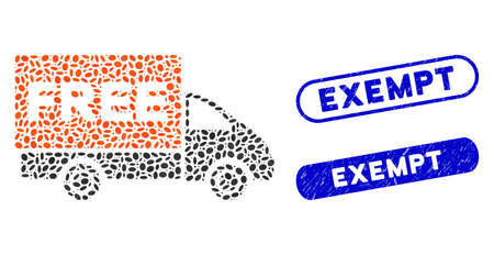 Mosaic free delivery and grunge stamp seals with Exempt text. Mosaic vector free delivery is designed with randomized ellipse elements. Exempt stamp seals use blue color,のイラスト素材