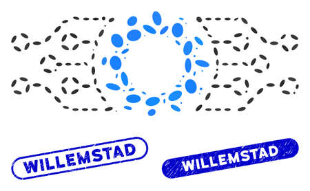 Mosaic gear electronic factory and corroded stamp watermarks with Willemstad text. Mosaic vector gear electronic factory is created with scattered oval dots. Willemstad stamp seals use blue color,のイラスト素材