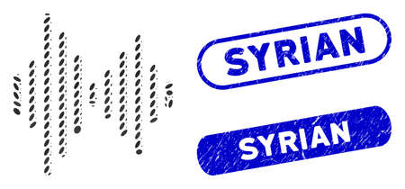 Mosaic audio signal and grunge stamp seals with Syrian text. Mosaic vector audio signal is designed with scattered oval dots. Syrian stamp seals use blue color, and have rounded rectangle shape.のイラスト素材