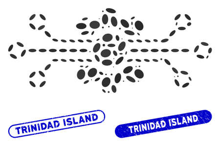Collage digital tech and rubber stamp seals with Trinidad Island text. Mosaic vector digital tech is composed with scattered elliptic items. Trinidad Island stamp seals use blue color,のイラスト素材