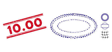 Distressed red stamp seal with 10.00 caption between double parallel lines, and mosaic double ellipse frame icon. Mosaic vector is formed with double ellipse frame icon and with random elliptic spots.のイラスト素材