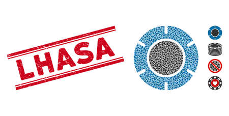 Grunge red stamp seal with Lhasa phrase inside double parallel lines, and mosaic casino chip icon. Mosaic vector is formed with casino chip icon and with randomized elliptic spots.のイラスト素材