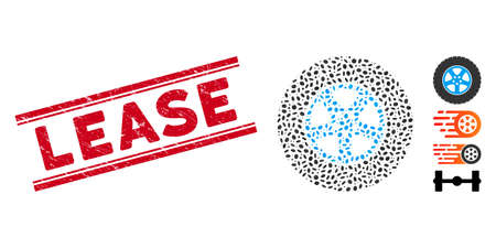 Grunge red stamp seal with Lease phrase between double parallel lines, and mosaic car wheel icon. Mosaic vector is formed with car wheel icon and with random ellipse items.のイラスト素材